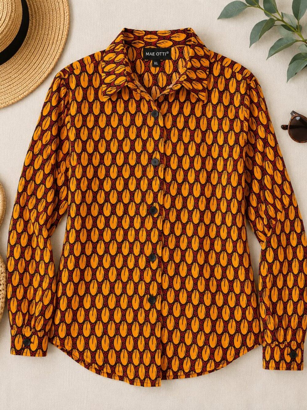 Mae Otti African Print 100% Cotton Button Down Shirt XL Cowrie Shell NWT